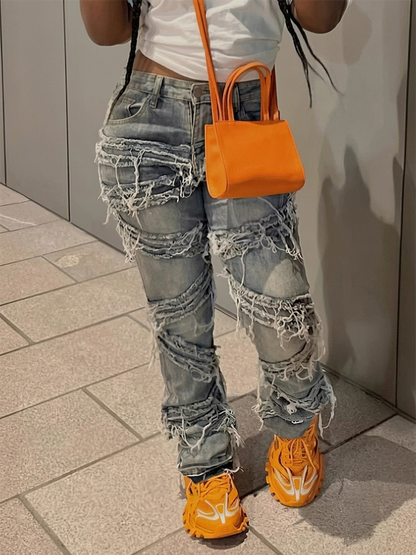Distressed Layered Fringe Straight Leg Jeans