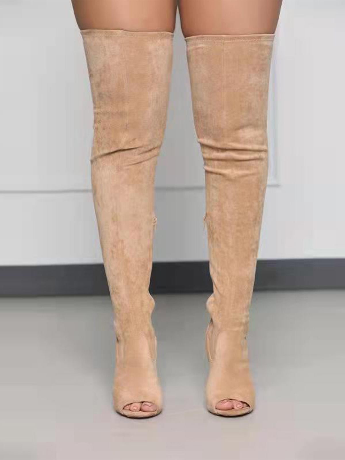 Open-Toe Side Zipper Suede Knee-High Boots