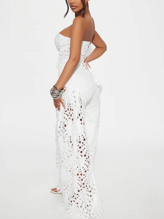 Lace Strapless Top Wide Leg Pants Set