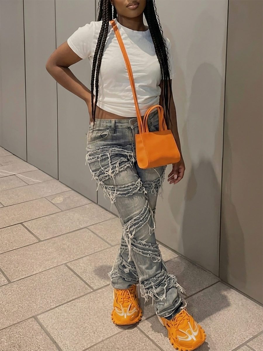 Distressed Layered Fringe Straight Leg Jeans