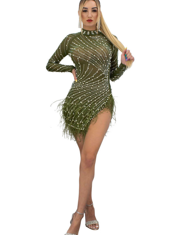 Long Sleeve Rhinestone Feather Mini Dresses