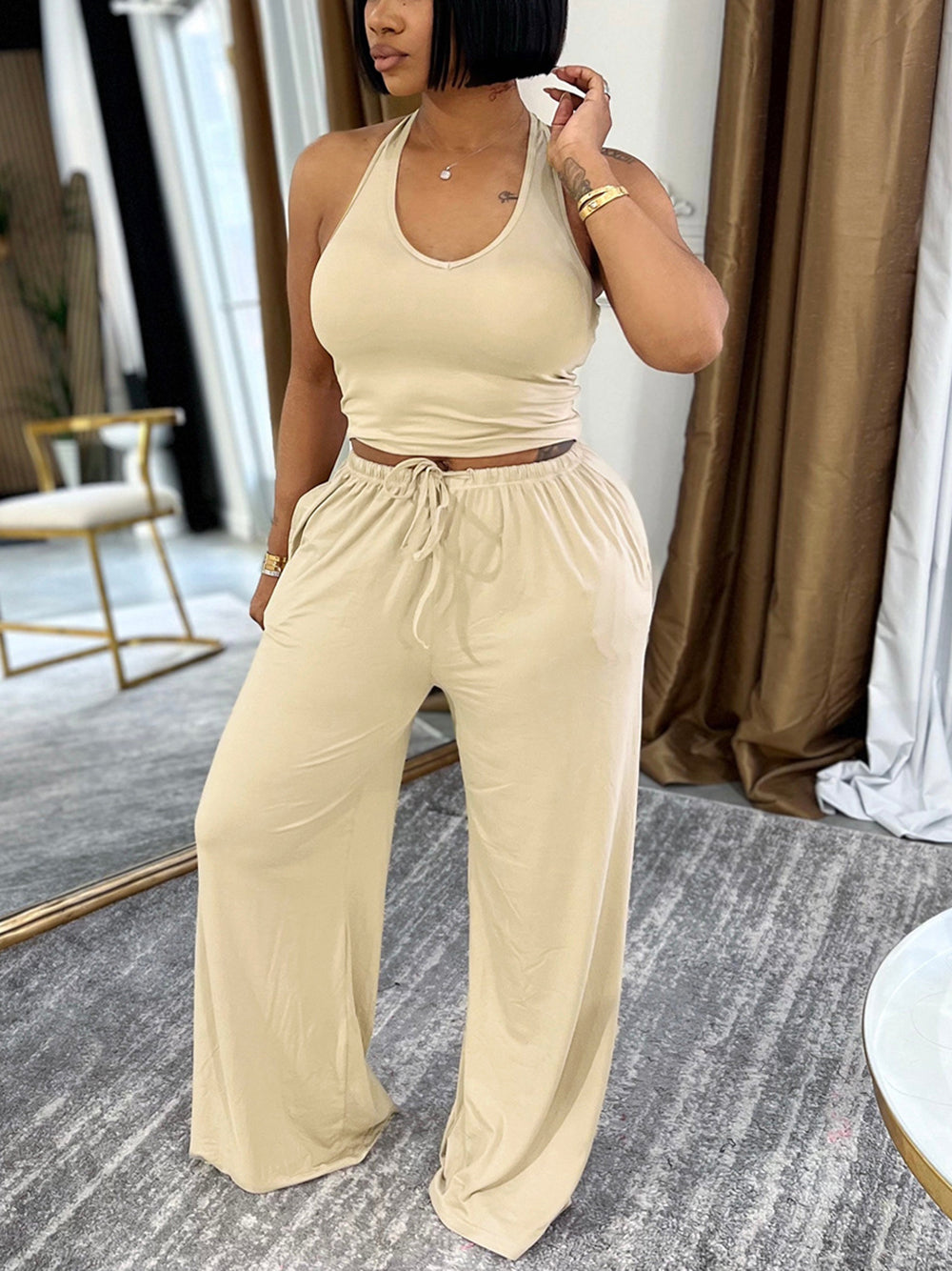 Halter Top Pocket Wide Leg Pants Set