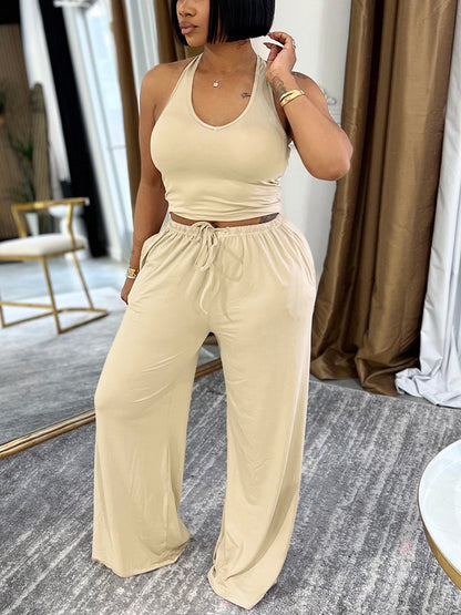 Halter Top Pocket Wide Leg Pants Set