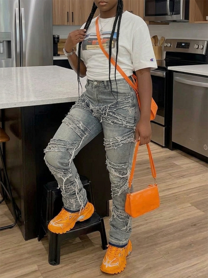 Distressed Layered Fringe Straight Leg Jeans