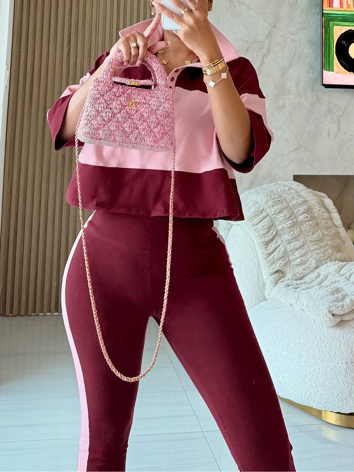 Colorblock Top Flare Pants Set