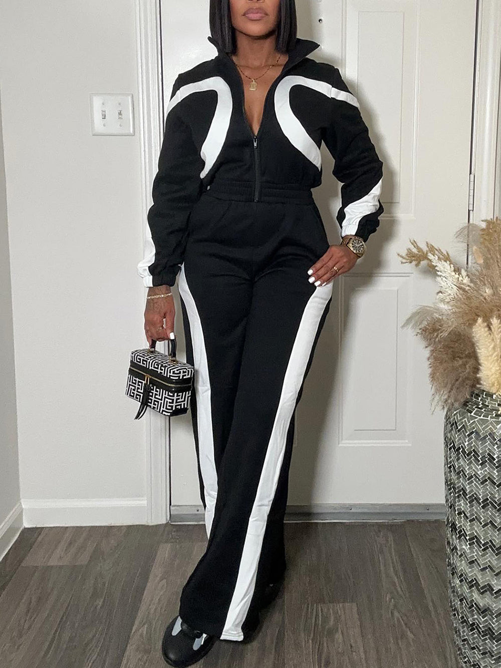 Color Block Half Zip Jumpsuit