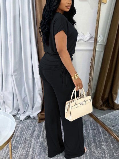 One Shoulder Ruched Wide Leg Pants Set