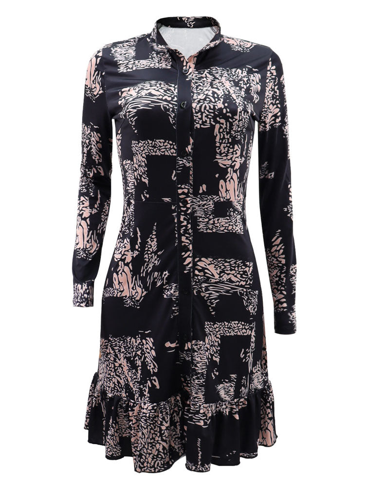 Minivestido con estampado de dobladillo con volantes y manga larga 