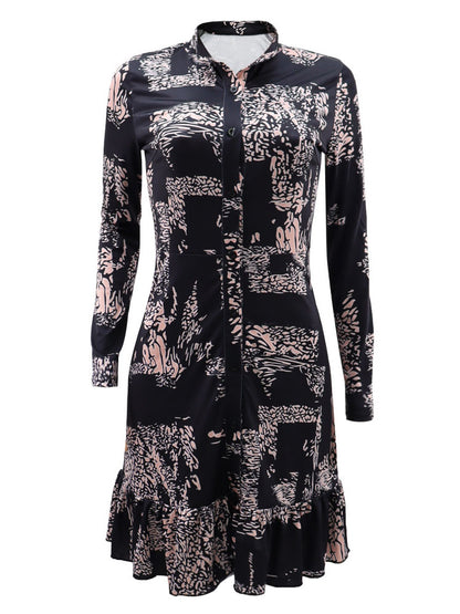 Minivestido con estampado de dobladillo con volantes y manga larga 