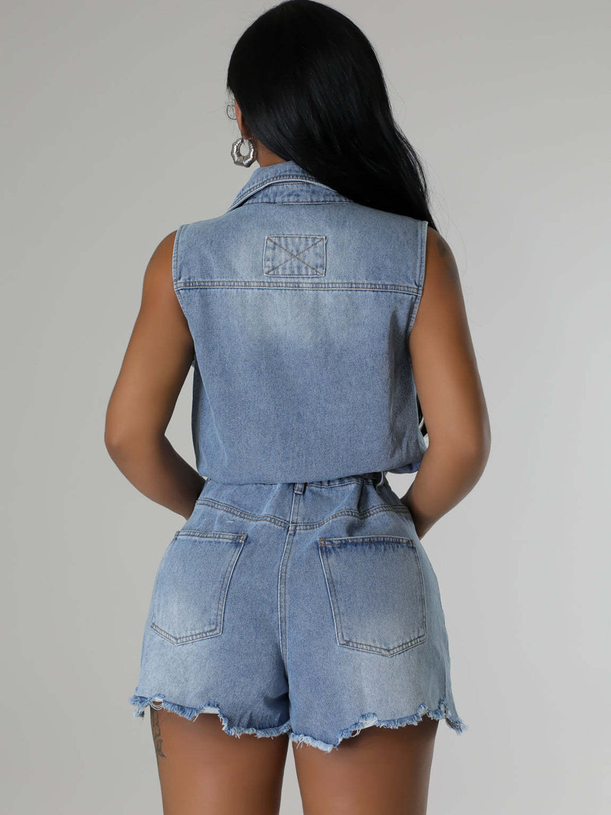 Sleeveless Denim Ripped Hem Short Jumpsuit