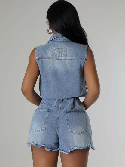 Sleeveless Denim Ripped Hem Short Jumpsuit