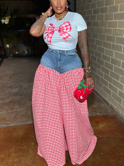 Bow Tie Print Top Denim Plaid Wide-Leg Pants Sets