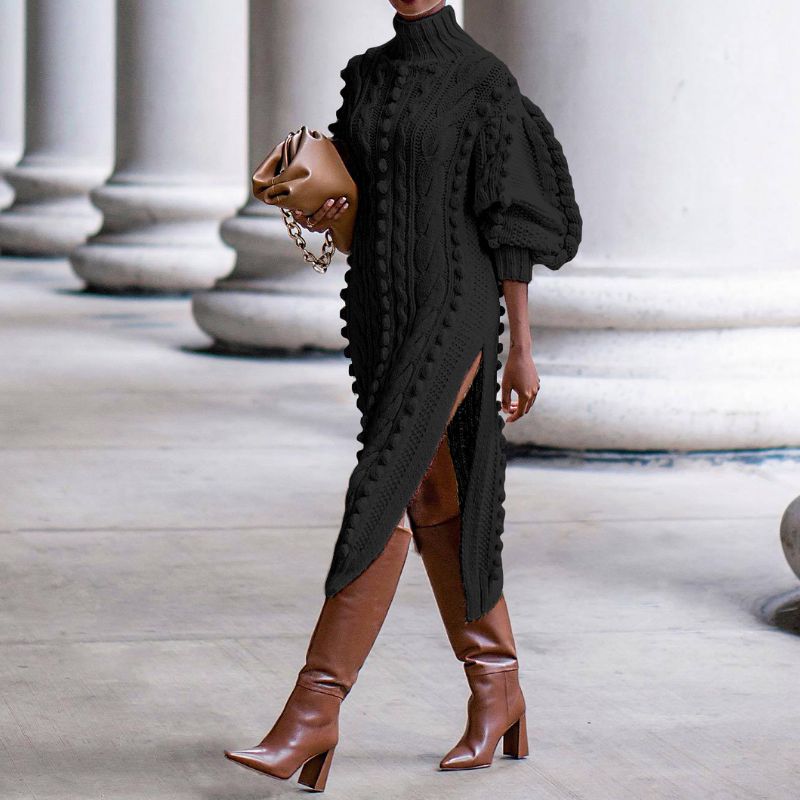 Vestidos midi de punto con abertura y cuello alto