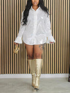 Sequin Loose Flare Sleeve Shirt Mini Dress