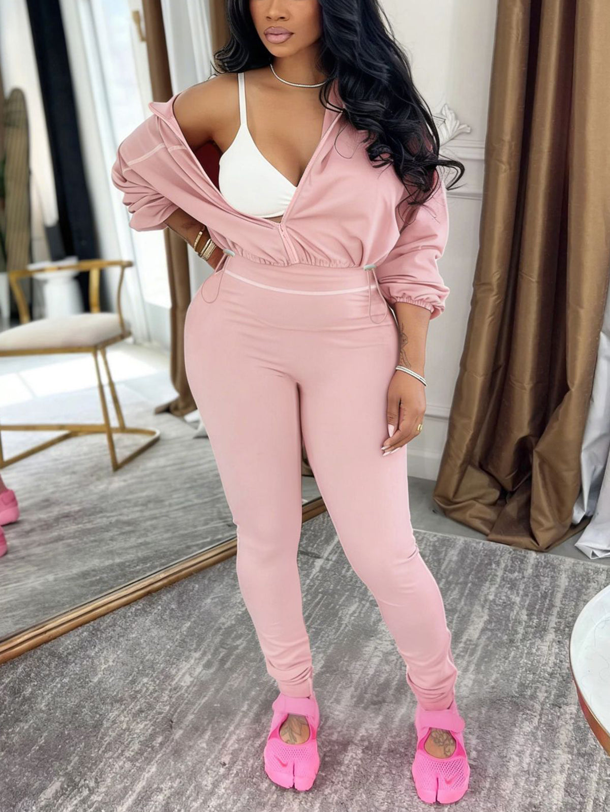 Solid Color Zip Top Leggings Set