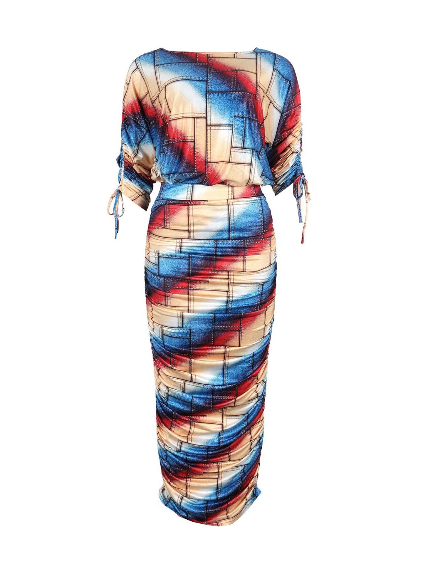 Printed Ruched Long-Sleeve Dress Set
