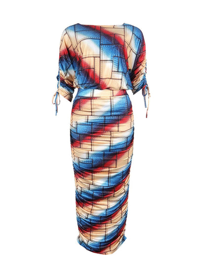 Printed Ruched Long-Sleeve Dress Set