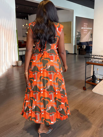 Vestidos largos ajustados plisados ​​estampados sin mangas