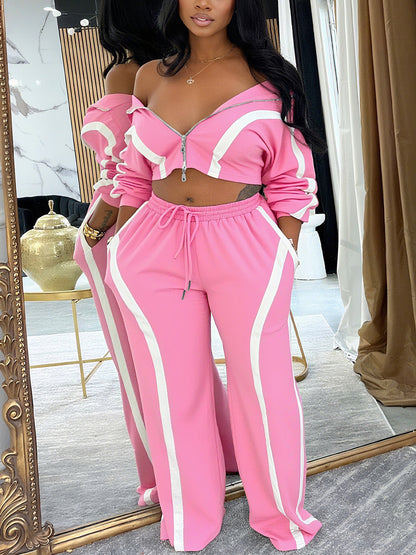 Color Block Stripe Zip Top Pants Set