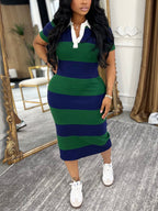 Lapel Stripe Color Block Midi Dress