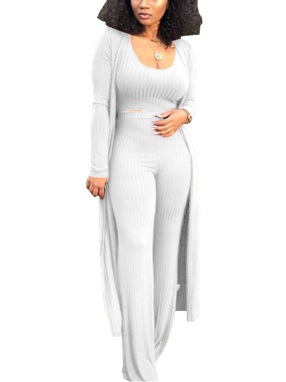 Conjunto de tres piezas Crop Top+Cárdigan largo tipo kimono+Pantalones