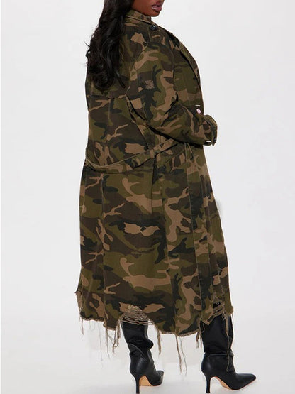 Distressed Camouflage Long Trench Coat