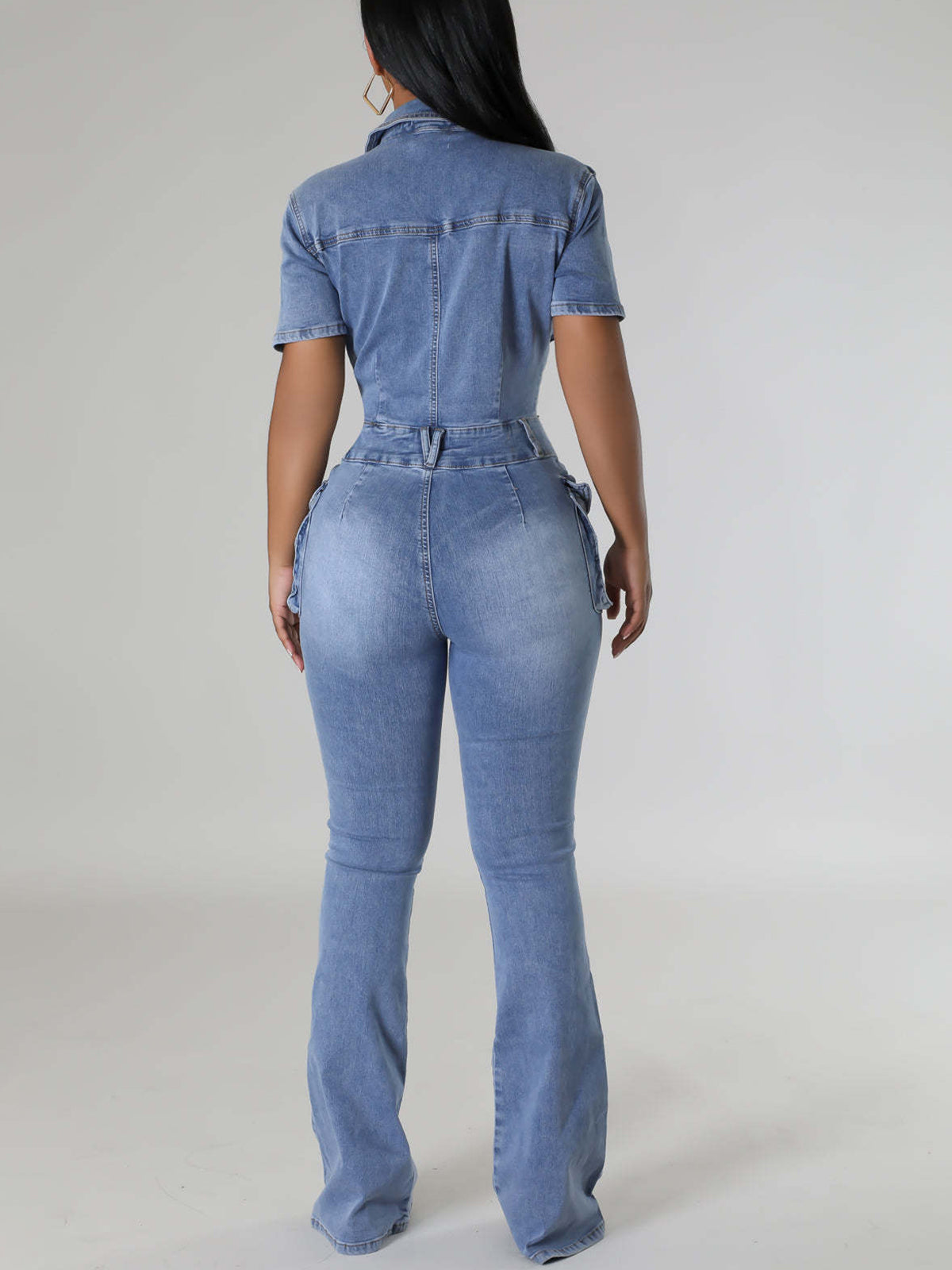 Short Sleeve Button Multi-Pocket Denim Jumpsuit