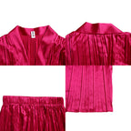 Pleated Long Sleeve Shirt and Pants Set with Belt
