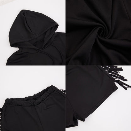 Two Piece Fringe Hooded Shorts Set