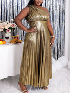 One-Shoulder Glitter Pleated Maxi Dress