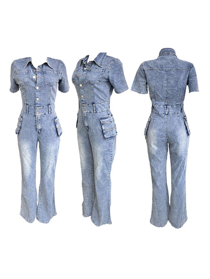 Short Sleeve Button Multi-Pocket Denim Jumpsuit