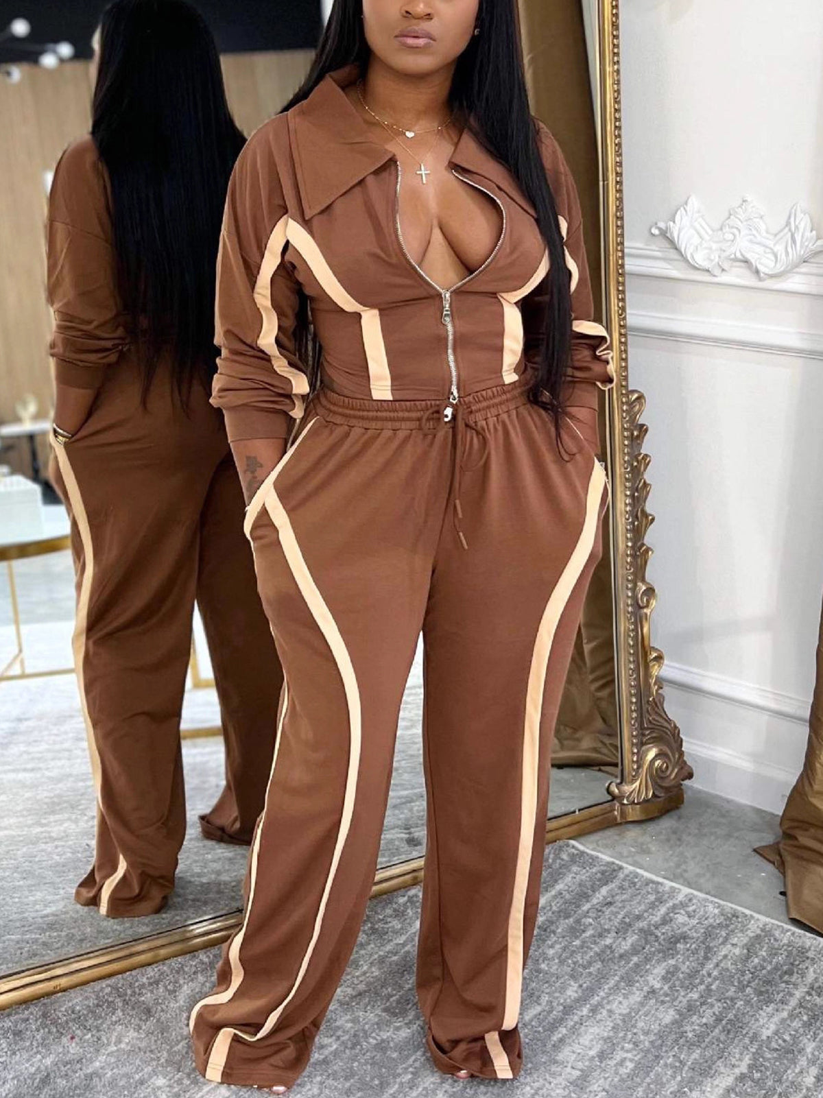 Color Block Stripe Zip Top Pants Set