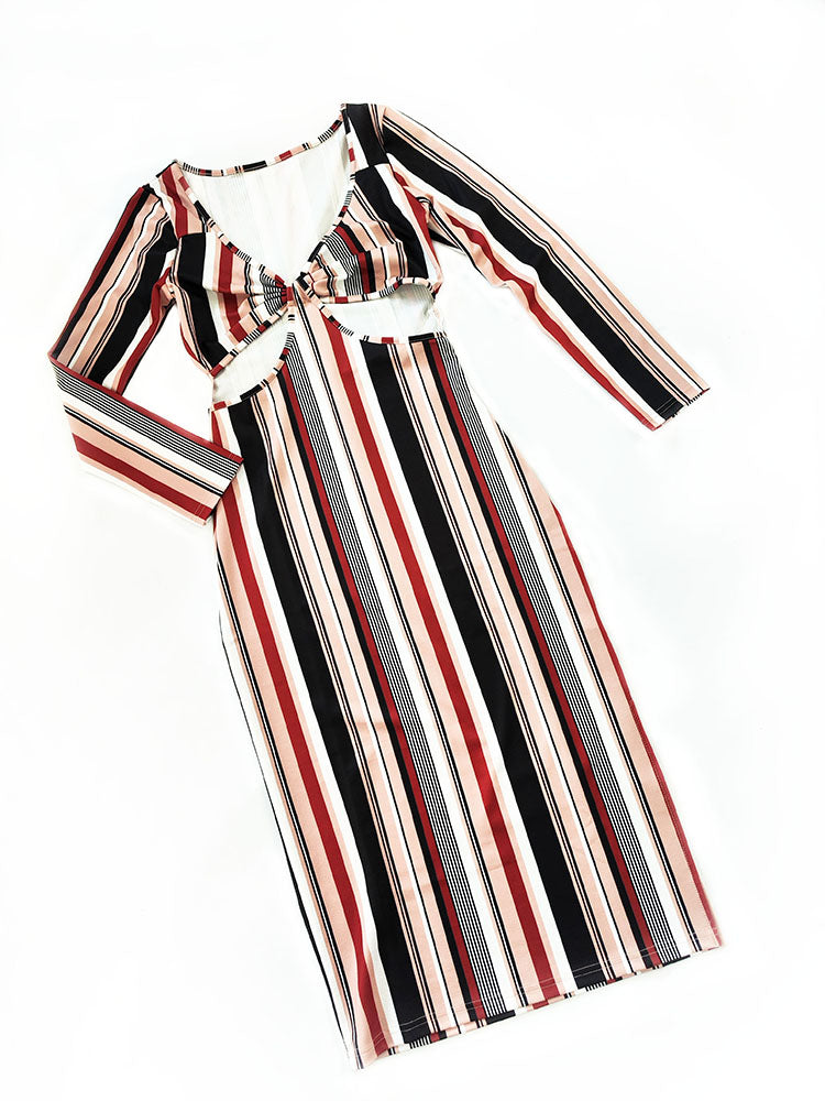 Striped Print Long Sleeve Midi Dress