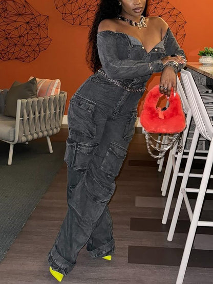 Off-Shoulder Pockets Denim Jumpsuit