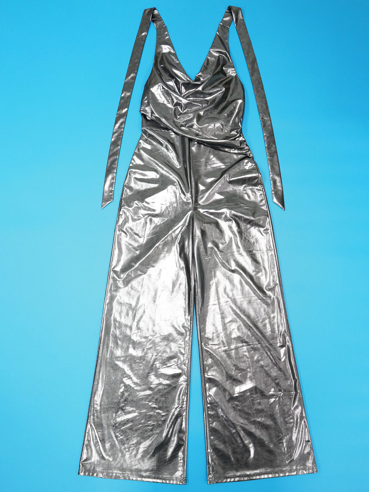 Glitter Halter Cowl Neck Backless Jumpsuit