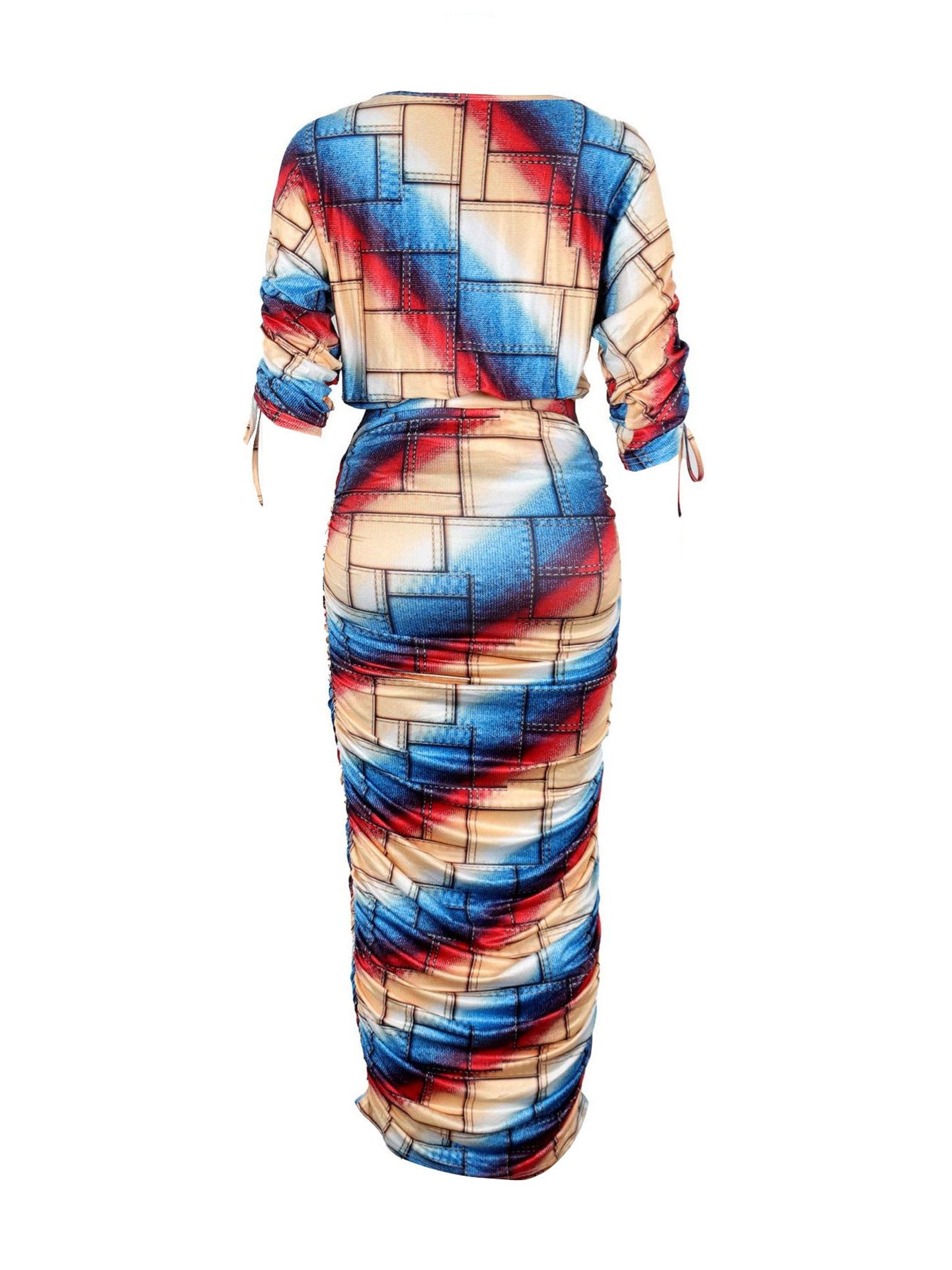 Printed Ruched Long-Sleeve Dress Set
