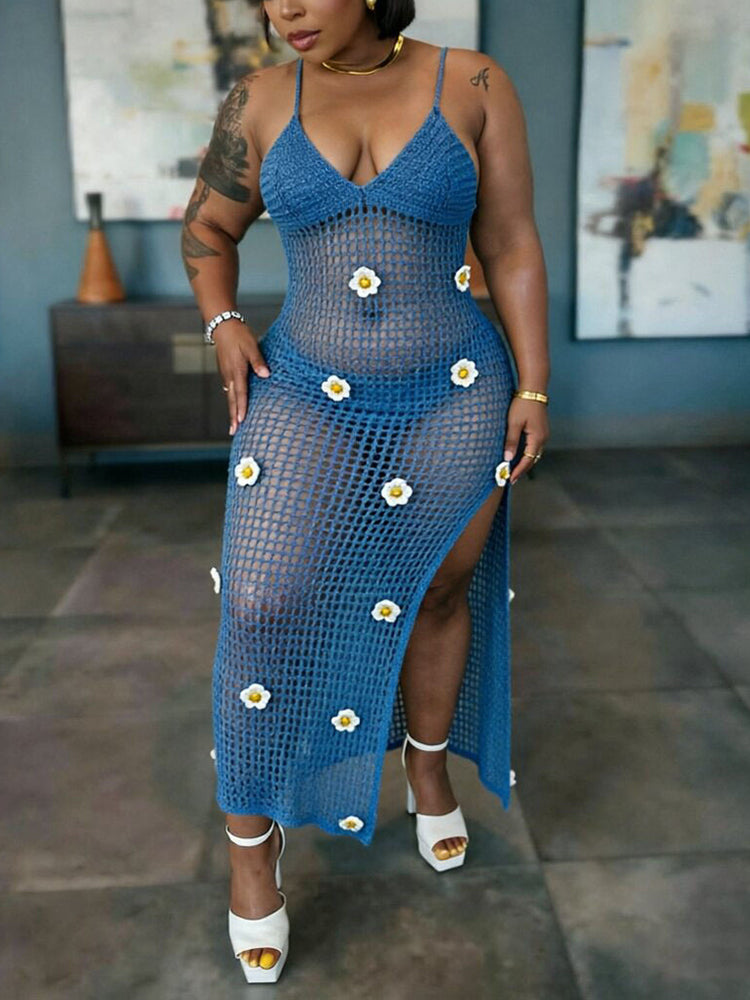 Crochet Flower Halter Backless Dress