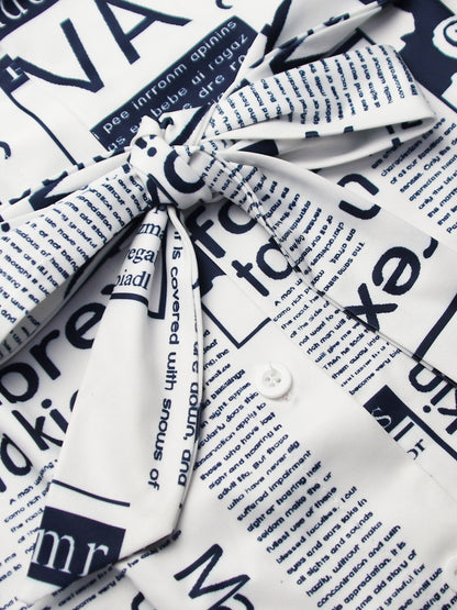 Newspaper Print Blazer Belted Pants Set