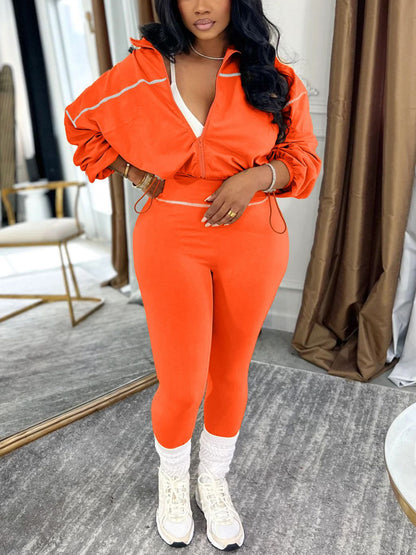Solid Color Zip Top Leggings Set