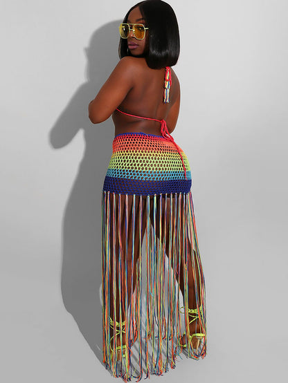 Trajes de baño con falda y borlas de arcoíris de dos piezas