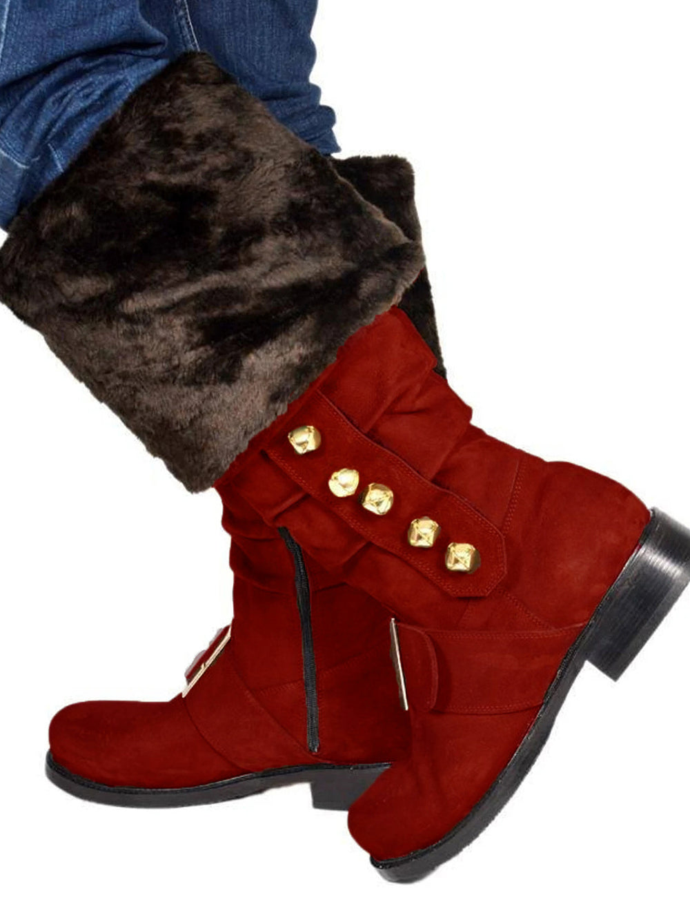 Fur Trim Buckles Bell Decor Santa Boots