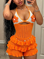 Crochet Flower Halter Backless Romper