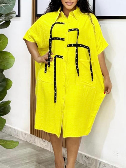 Studded Trim Oversized Shirt Midi Dress