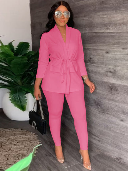 Blazer de dos piezas con cordón y pantalones largos ajustados