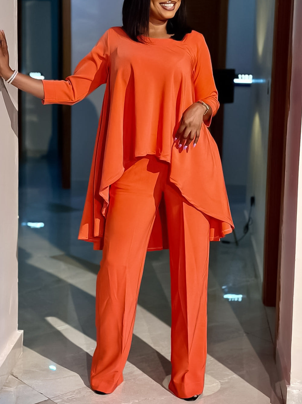 Asymmetric Hem Top Wide Leg Pants Set