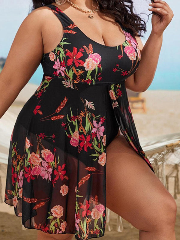 Plus Size Floral Print Mesh Bikini Bodysuit