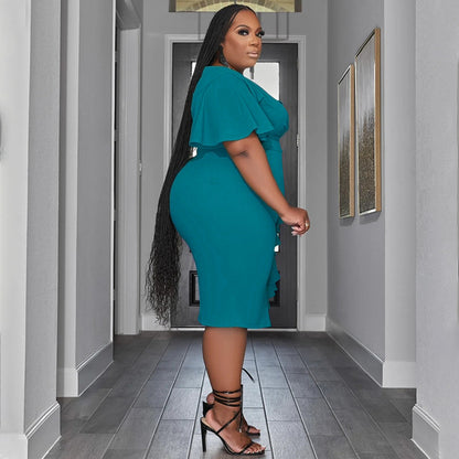 Vestidos midi con volantes y cuello en V de manga corta