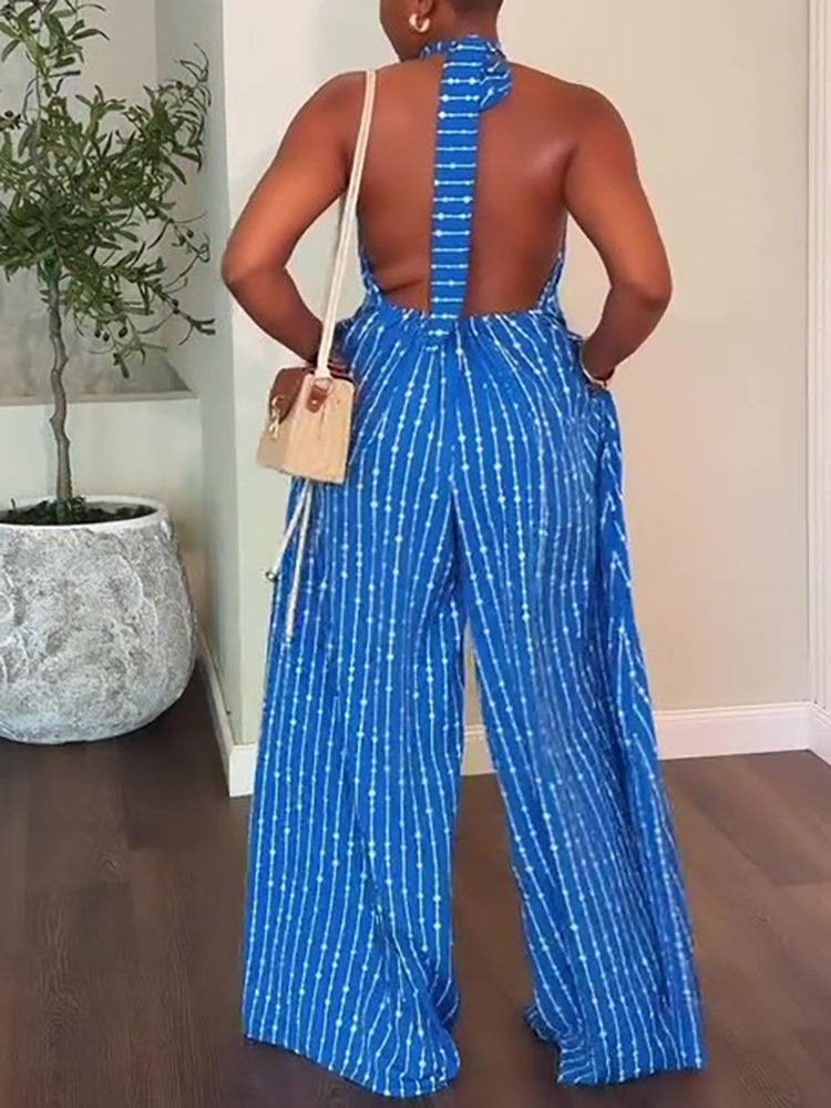 Halter Backless Stripe Wide Leg Jumpsuit