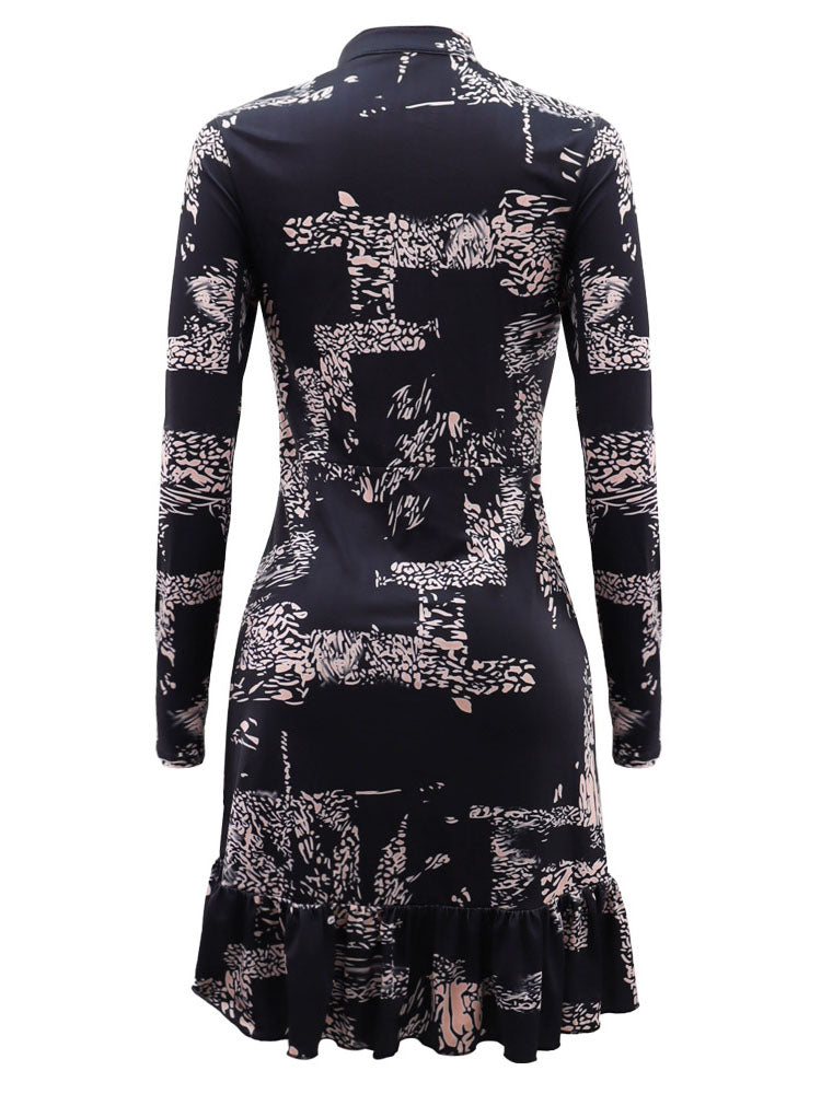 Minivestido con estampado de dobladillo con volantes y manga larga 