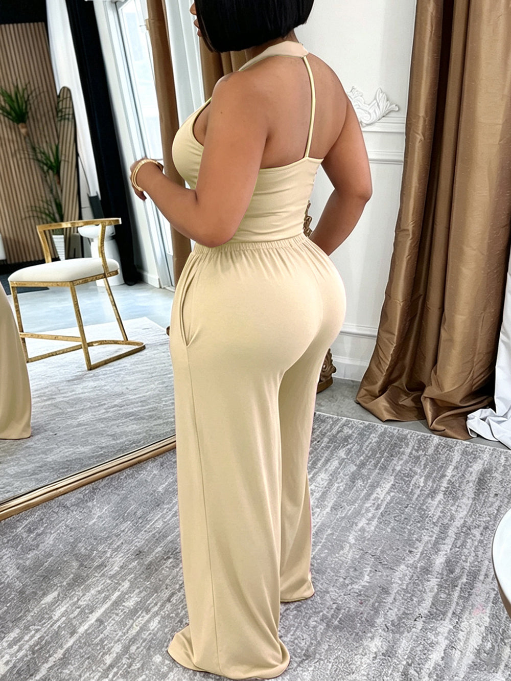 Halter Top Pocket Wide Leg Pants Set